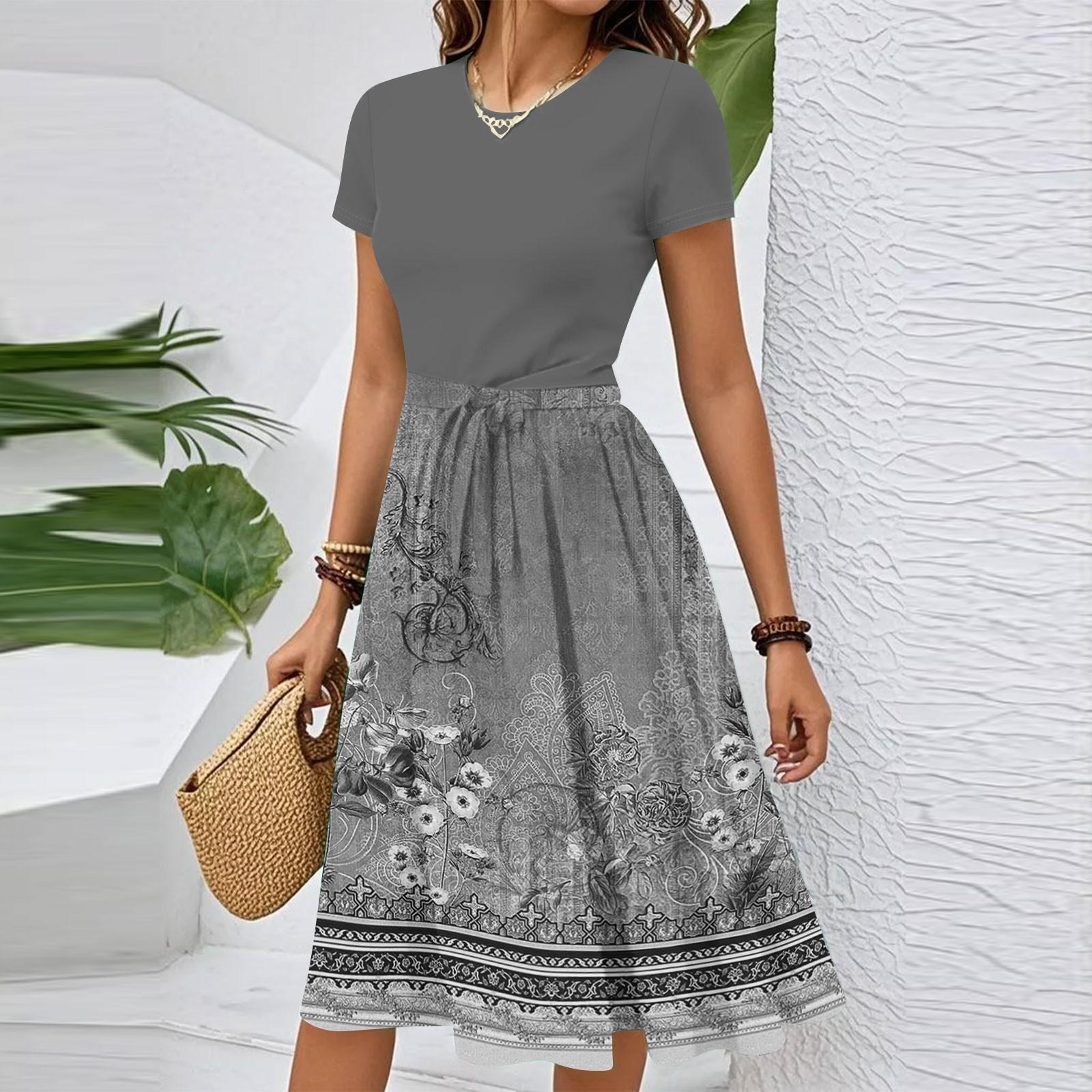 

Женское повседневное модное элегантное платье с поясом и винтажным принтом с коротким рукавом и круглым вырезом XL