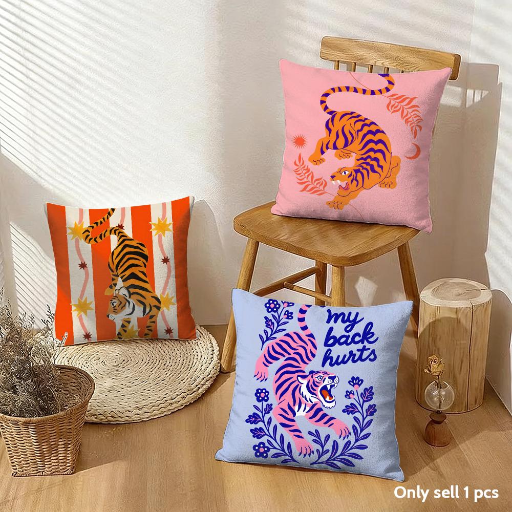 Animal Style Tiger Cushion Cover Breathable Organic Short Plush Pillow Cases Machine Washable Wrinkle-Resistant Soft Durable