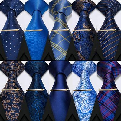 Námořnicky modrá kravata pro muže Paisley Puntíky Pruhy Kostka Hedvábná kravata Kapesníček Manžetové knoflíčky Sada Designérská
