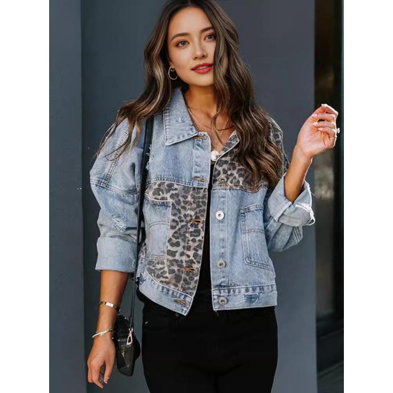 Women's Denim Jacket with Leopard Print - Long Sleeve, Autumn/Winter European and American Style