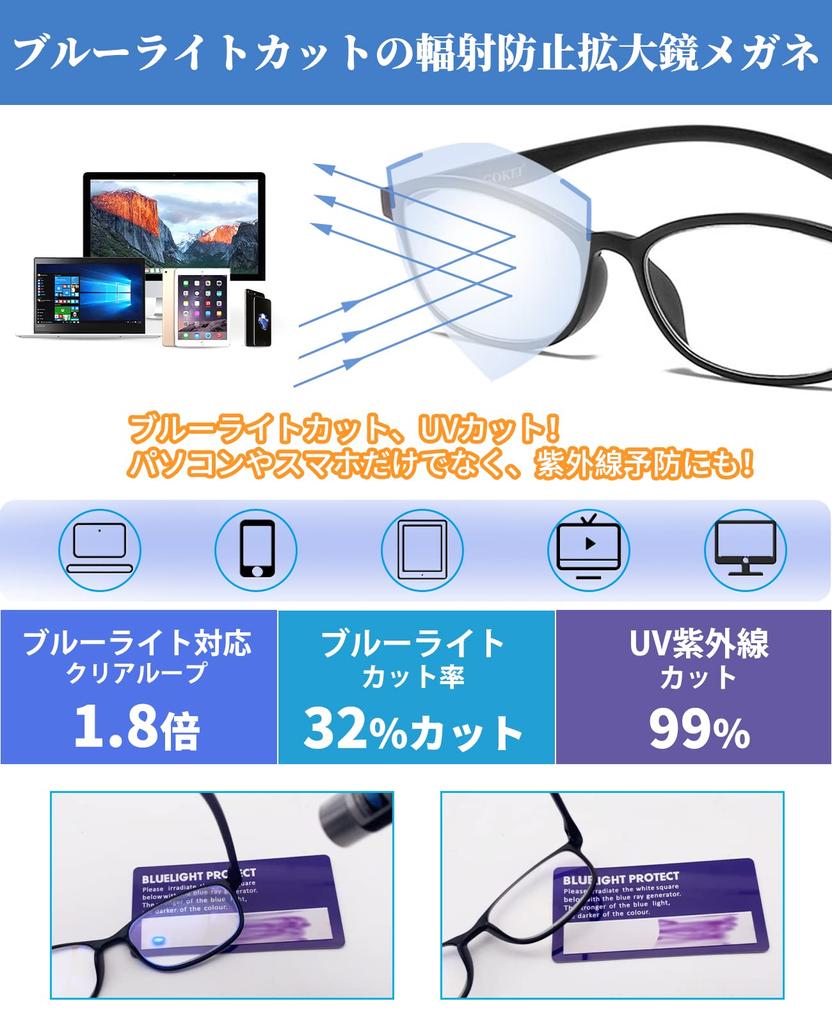 GOKEI Magnifying Loupe Blue Light Cutting Magnifying Loupe Magnifying Seeing For Detailed Black Glasses-type Loupe, Glass, [1.8x Function, 7-piece