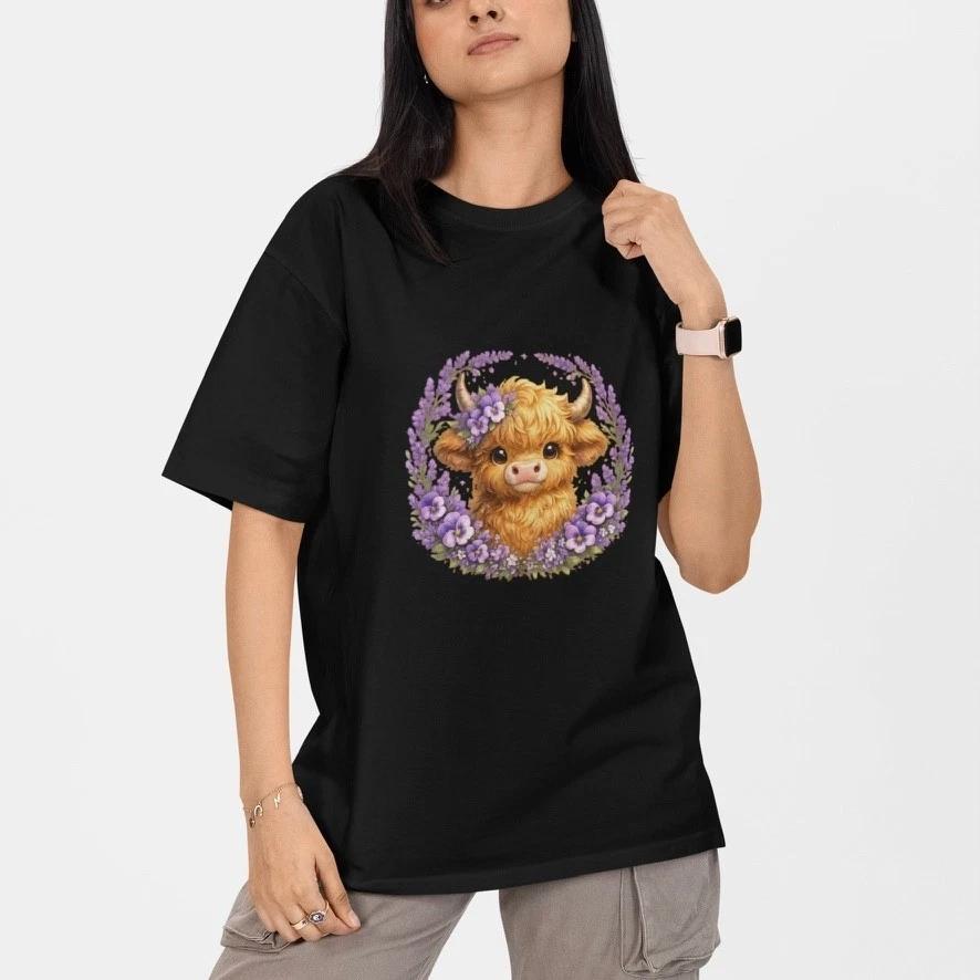 Cute Highland Cow Floral T-Shirt Cottagecore Farm Animal Graphic Tee XXL