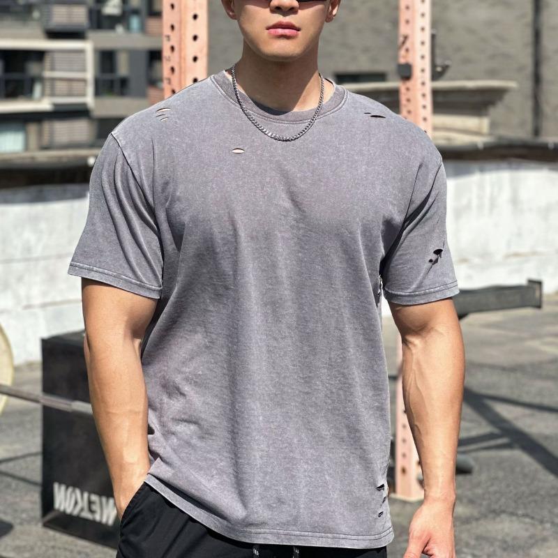 Herren Casual Distressed Ripped Kurzarm Rundhals T-Shirt
