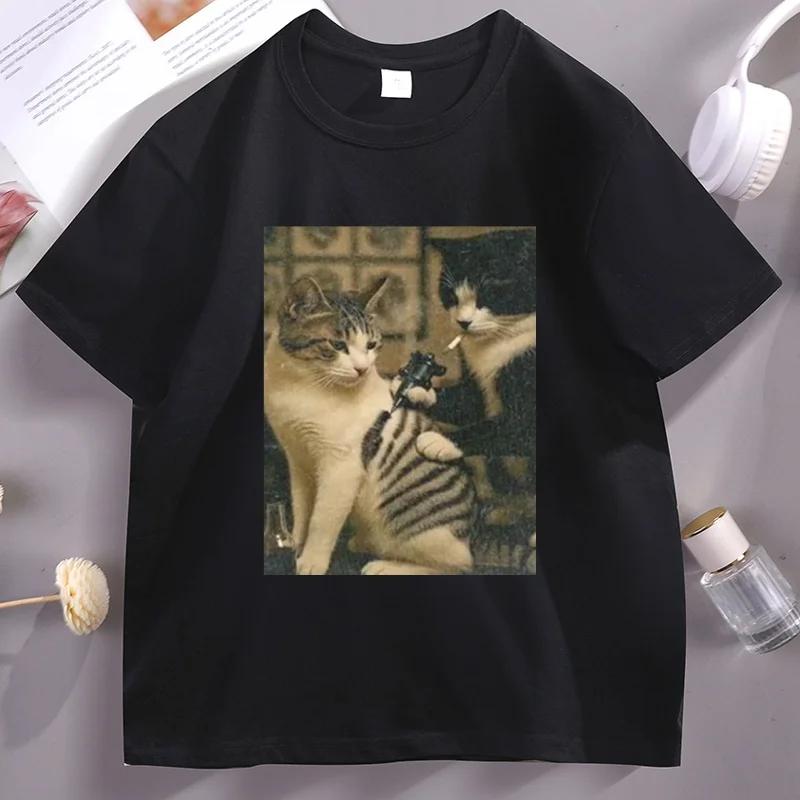 Tattoo Cat Print T Shirt For Unisex Unisex Summer Casual Fashion Funny Humor Streetwear Tops Vintage Crew Neck Short Sleeve Tees
