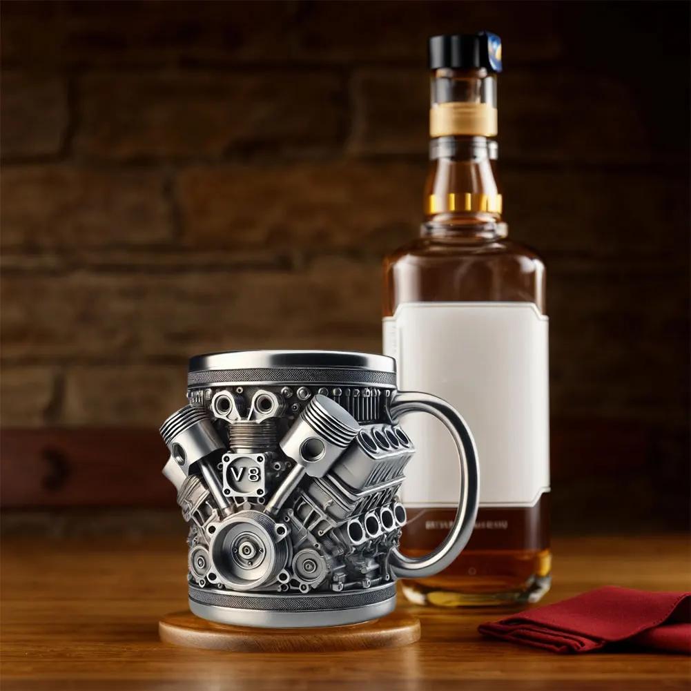 450ml Coffee Mug Handmade Engines Stainless Steel Large Capacity Coffee Cup Funny 3D V8 Engines Design Tea Cup For Car Lovers