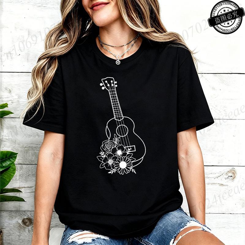 Sommer Mode Damen T-Shirt Kurzarm Kleidung Blumig Gitarre Grafik T-Shirt Damen Musik Lässig T-Shirts Musiker Geschenk