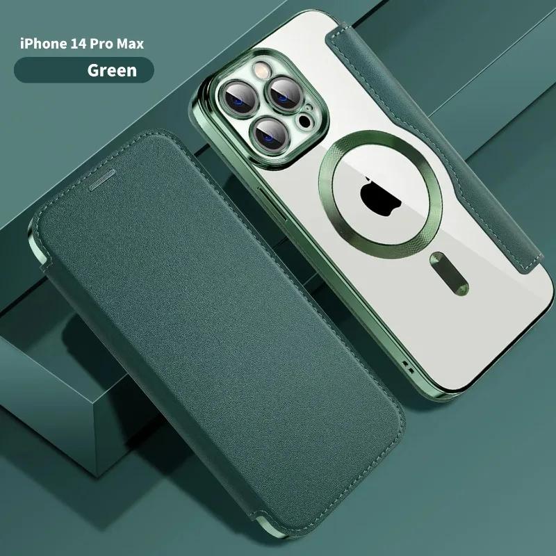 Electroplated Flip Leather Case for iPhone 16 15 14 13 12 11 Plus Pro Max for Magsafe Wireless Charging Protection Luxury Cover