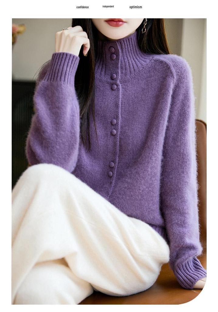 Women's Heavyweight Pure Wool Stand Collar Cardigan for Autumn/Winter