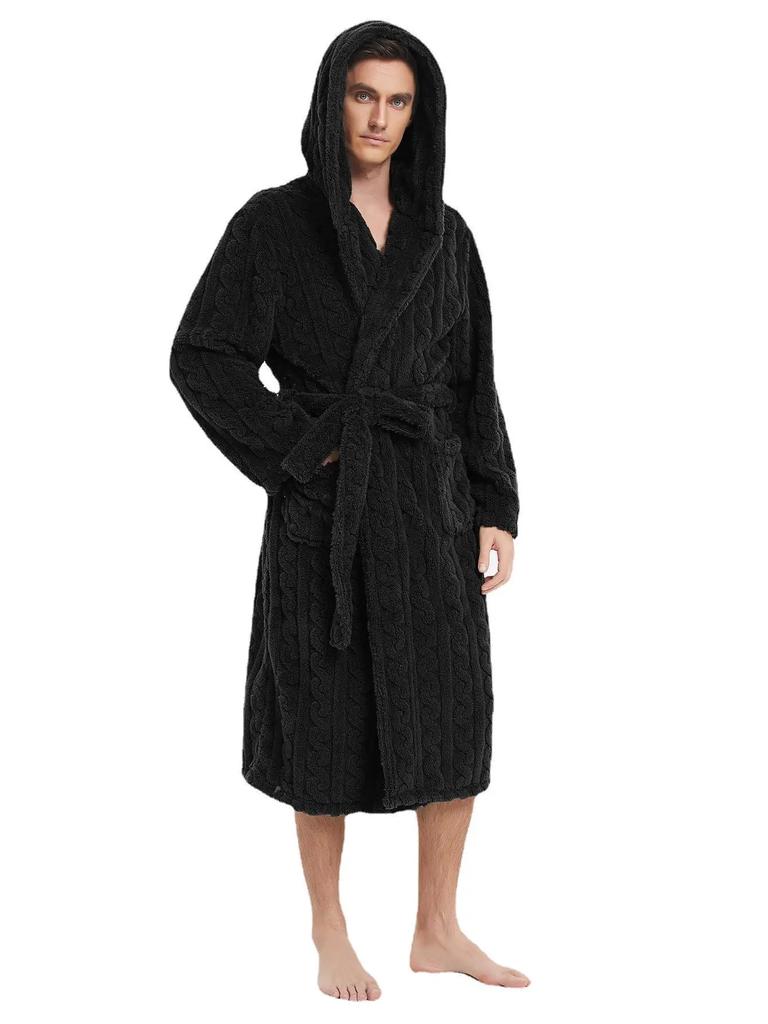 Fall Winter Men's Warm Robe Pajamas Couple Robe Shu Cotton Velvet Jacquard Hooded Thickened Couple Robe Homewear