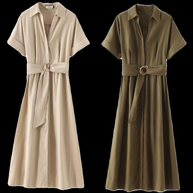Fashion Style 2024 Summer New Arrival Women's Linen Blended Midi Skirt Shirt Style Dress 8372101 533