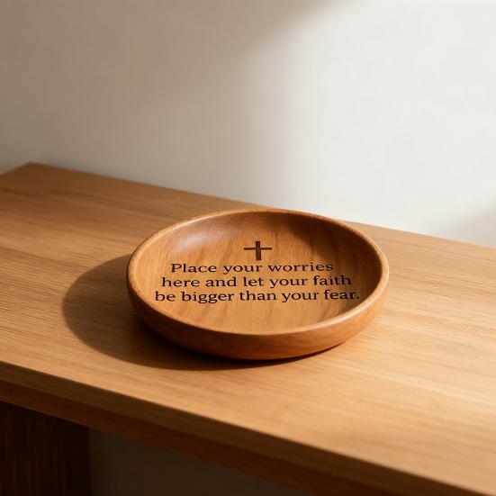 Wooden Prayer Bowl Handcrafted Round Dough Bowl with Carved Pattern Faith Based Encouragement Gift for Christian Prayer