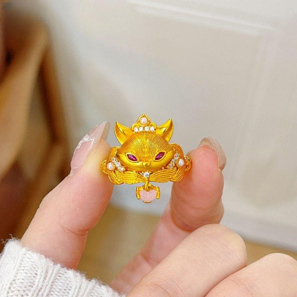 Chinese Style Rhinestone Opening Ring Textured Animal Ring Fashion Vintage Metal Ring  Women