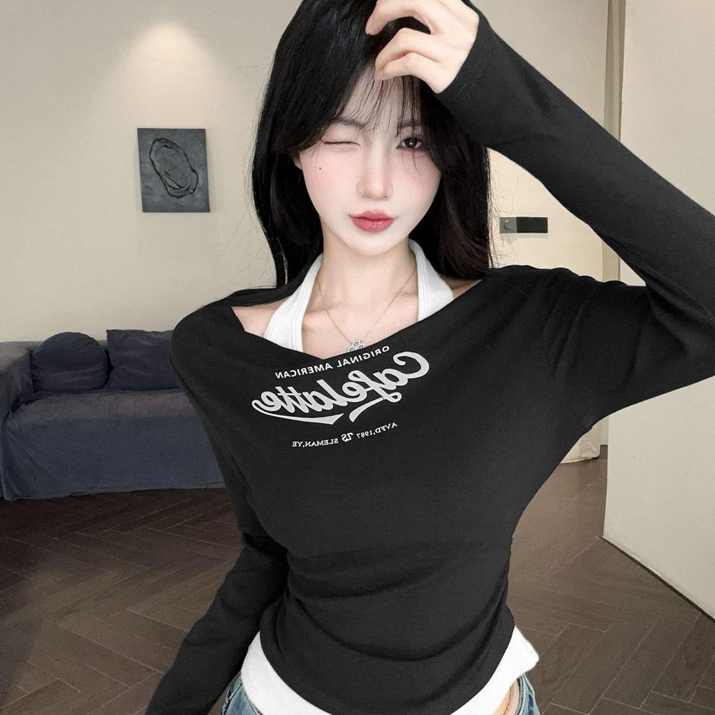 Fake Two-Piece Halter Neck Letter Print Long Sleeve T-Shirt for Women - 2025 Spring/Autumn Pure Desire Fashion Hot Girl Base Layer Top
