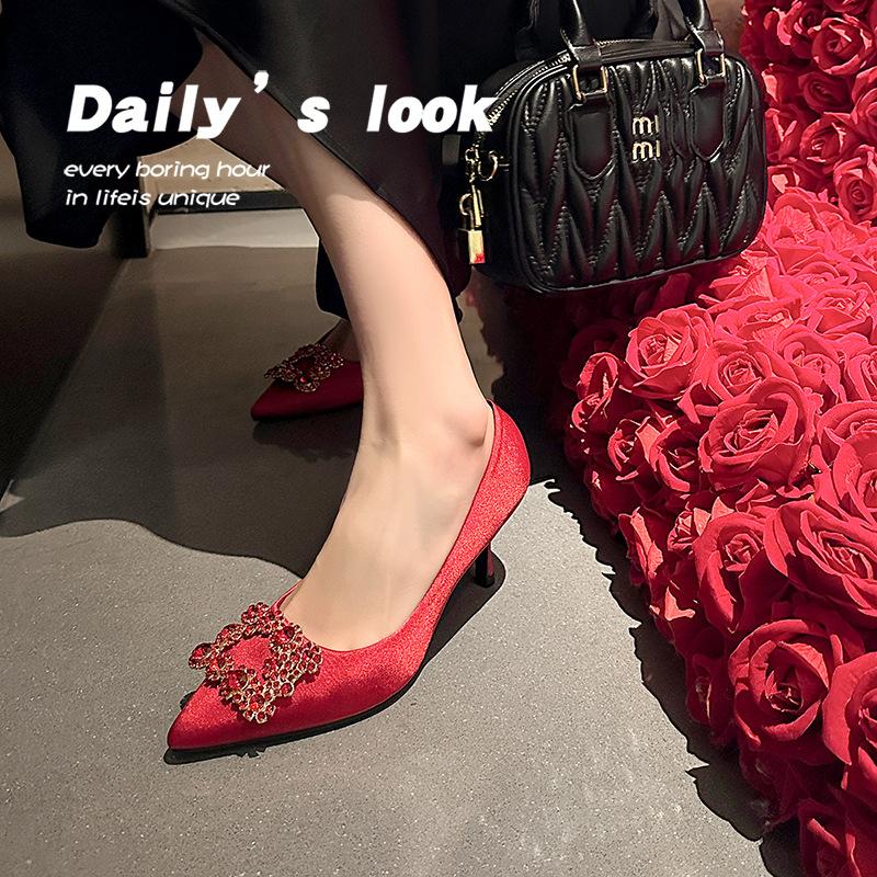 Same Style, Wedding Season~ Satin Light Mouth Square Buckle Flower Diamond Thin High Heel Pointed Single Shoes Women's Red Wedding Shoes