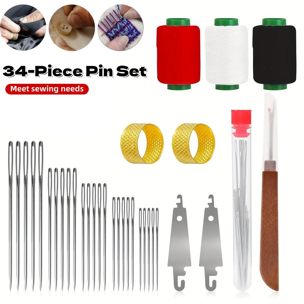 34Pcs Hand Sewing Tool Set, Large-Eye Steel Needles with Threaders, Complete Home DIY Clothes Craft Repair Kit