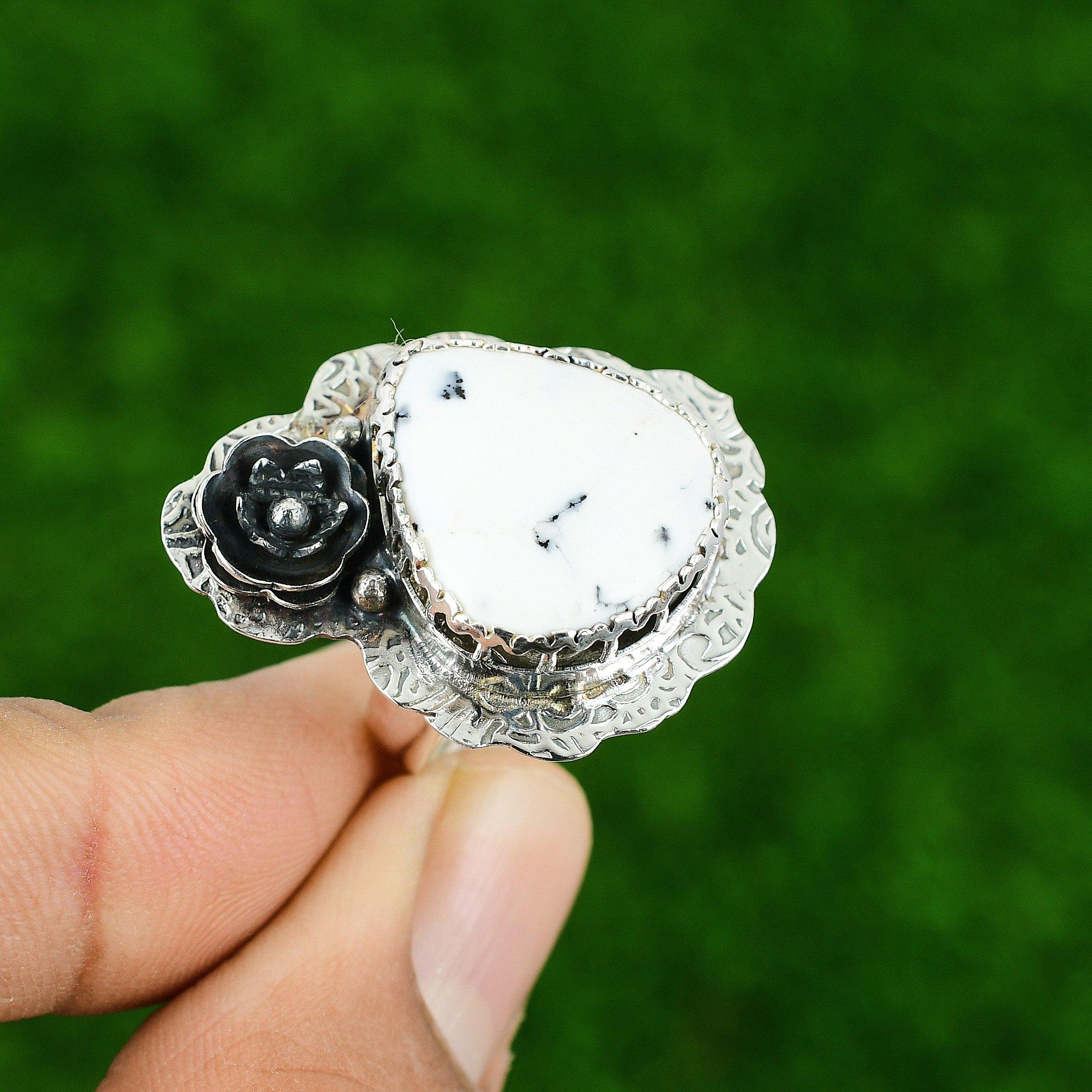 

Pear Dendrite Opal Gemstone 925 Sterling Silver Stackable Flower Ring Jewelry Adjustable