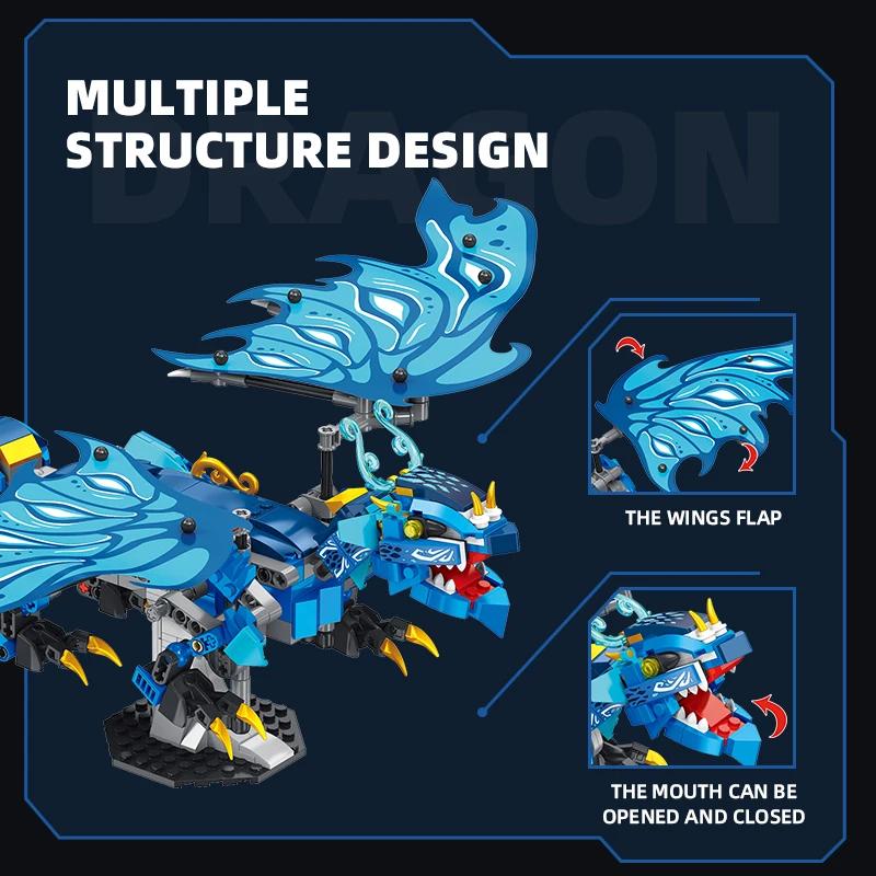 461PCS Blue Flying Dragon Building Blocks Prehistoric Water Dragon Animal Model Bricks Desktop Display Kids Toys Holiday Gifts