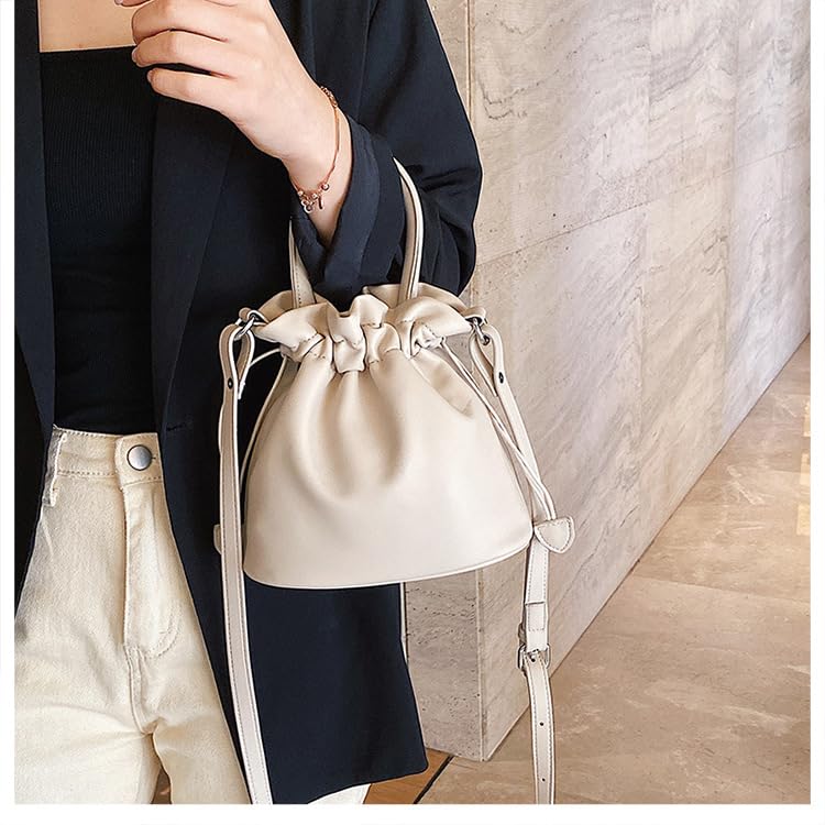 PETITCHOU Shoulder Bag, Pouch, Handbag, 2-Way, Pleated, Drawstring, Handle, Crossbody, Compact, Small, Lightweight, Minimalist, Travel, Korean, PU