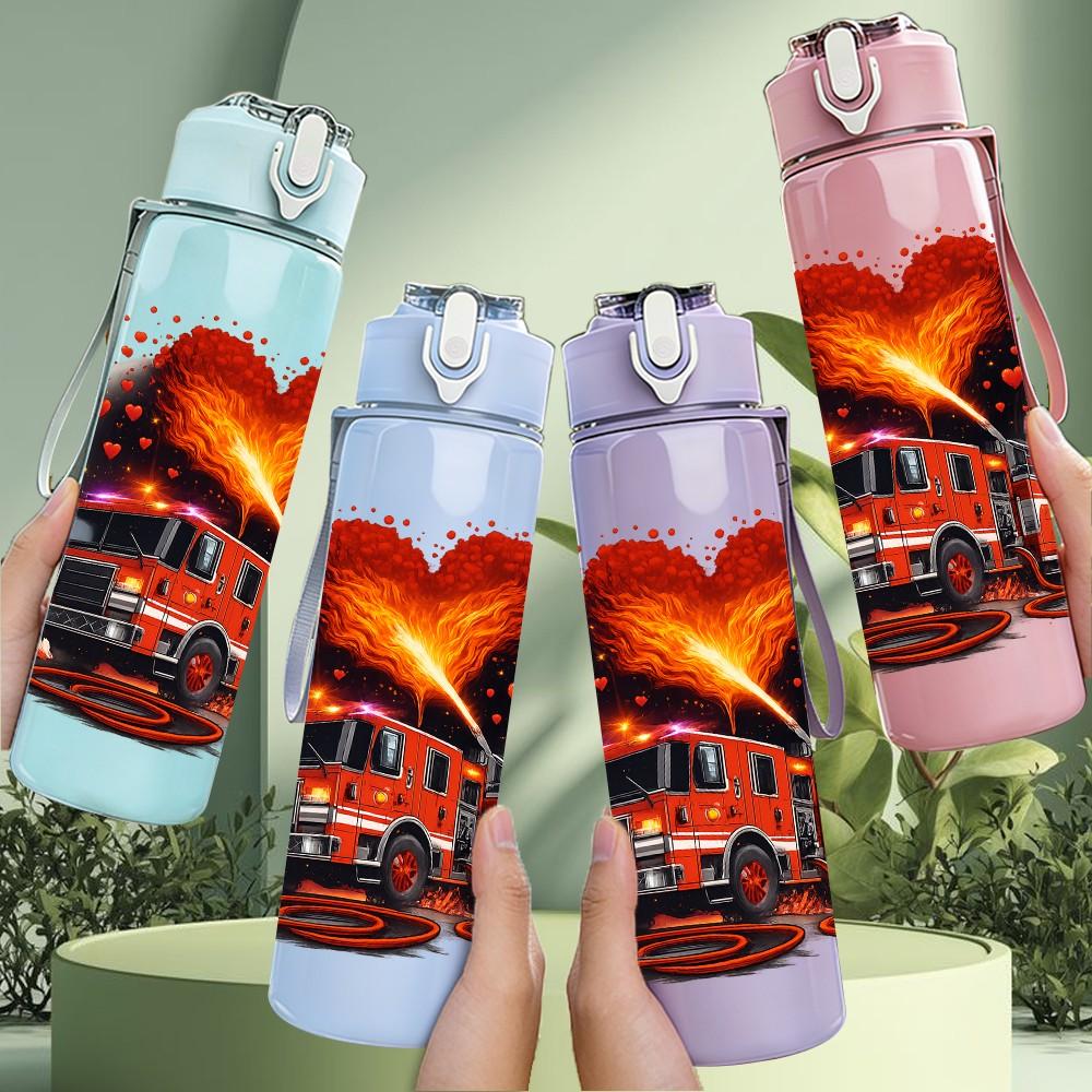 1PC Burning Fire Truck Art 750ml Color Plastic Sports Water Bottle Leakproof Flip Straw Lid Suitable for Sports Office Home Use