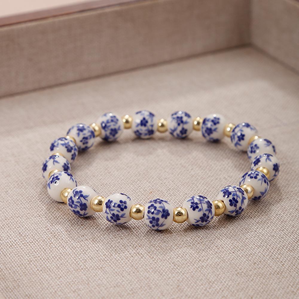 Elegant Blue & White Porcelain Gold Bead Bracelet with Faux Pearls and Layers