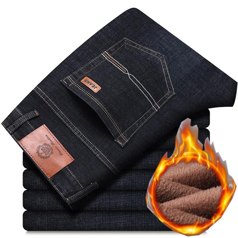 Fashion Padded Thickened Jeans Men's Autumn and Winter Models Loose Straight with Flannel Warm Men's Winter Trousers