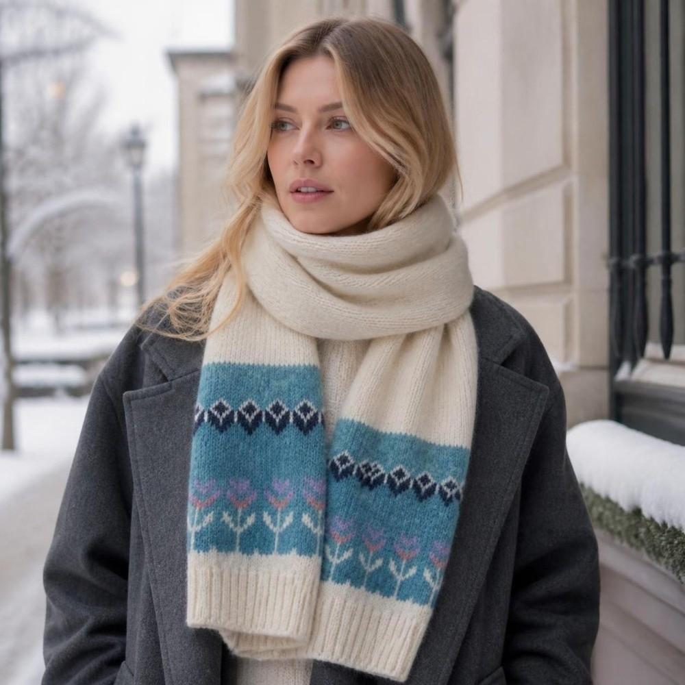 Floral Embellishment Woolen Scarf Warm Thermal Neck Warmer New Winter Scarf Autumn Winter