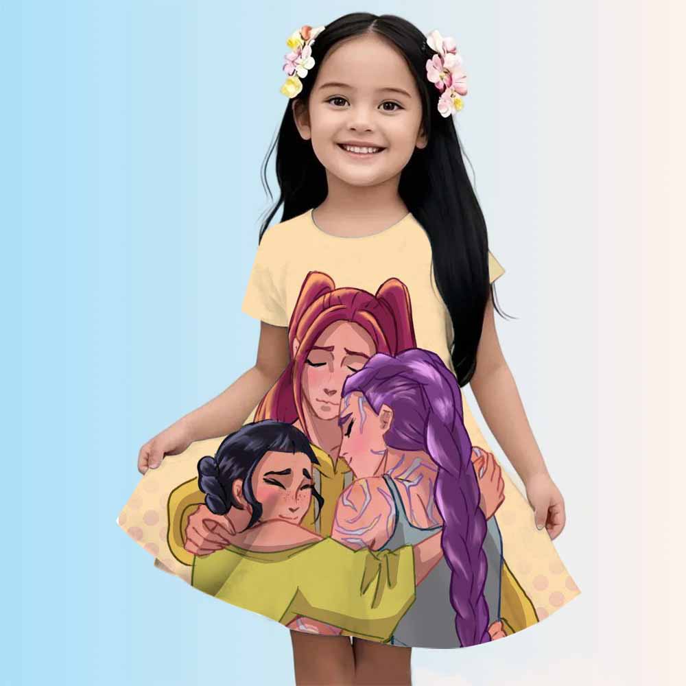 3-14 Year Old Girl KPop Demon Hunters 3d Printed Short Sleeved Dress Loose And Comfortable Party Dress 100-160