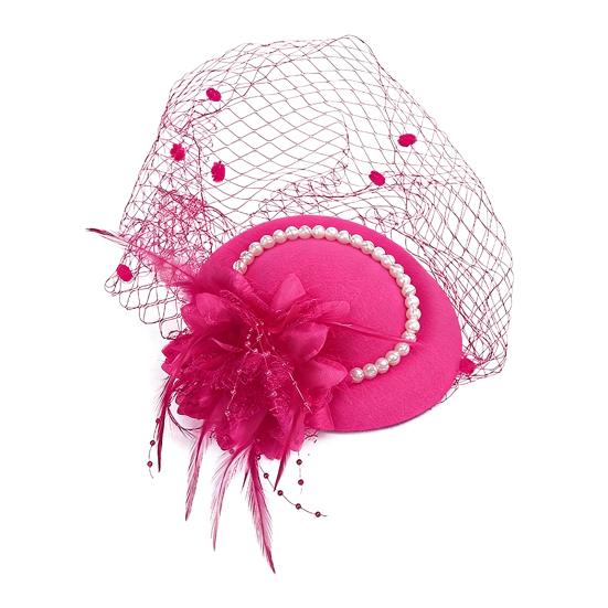 Women Fascinator Hat Feather Mesh Imitation Pearls Decor Pillbox Hat Small Top Hat Daily Party Hair Accessory