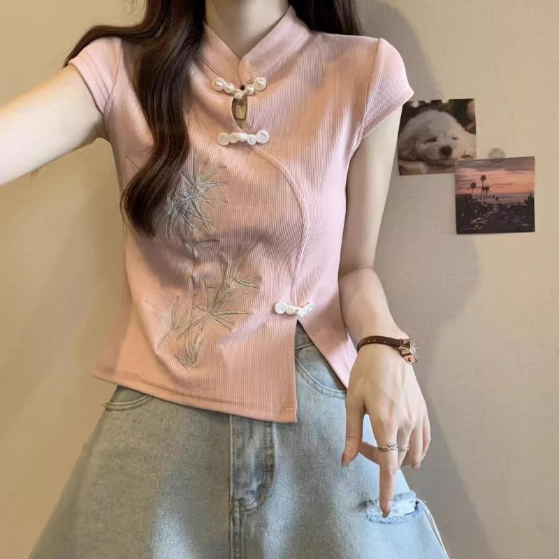 Top da donna in bambù ricamato stile qipao manica corta colletto alla mandarino spacco laterale casual aderente maglia blusa
