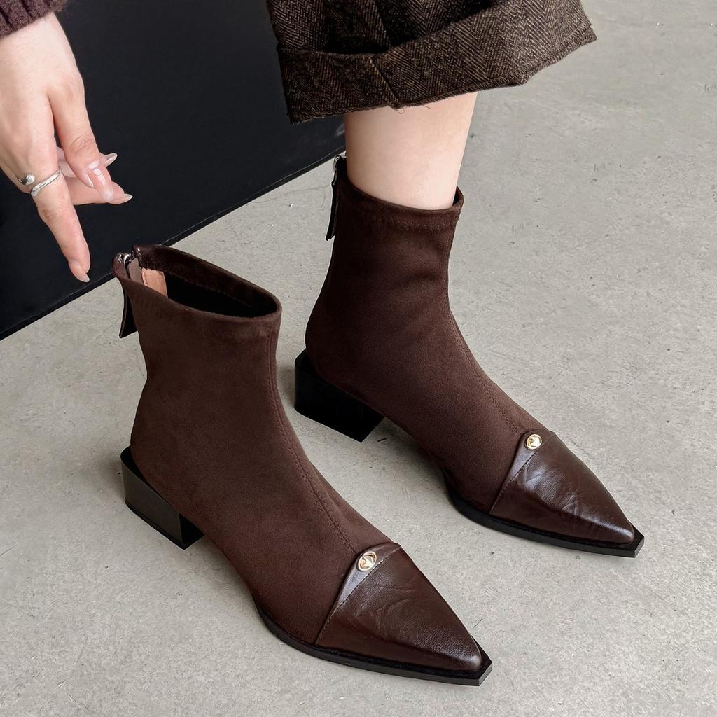 Französisches Temperament spitze kurze Stiefel Damen 2025 neue Lederstiefel dicker Absatz mittlerer Absatz elastische kurze Damenstiefel dünne Stiefel