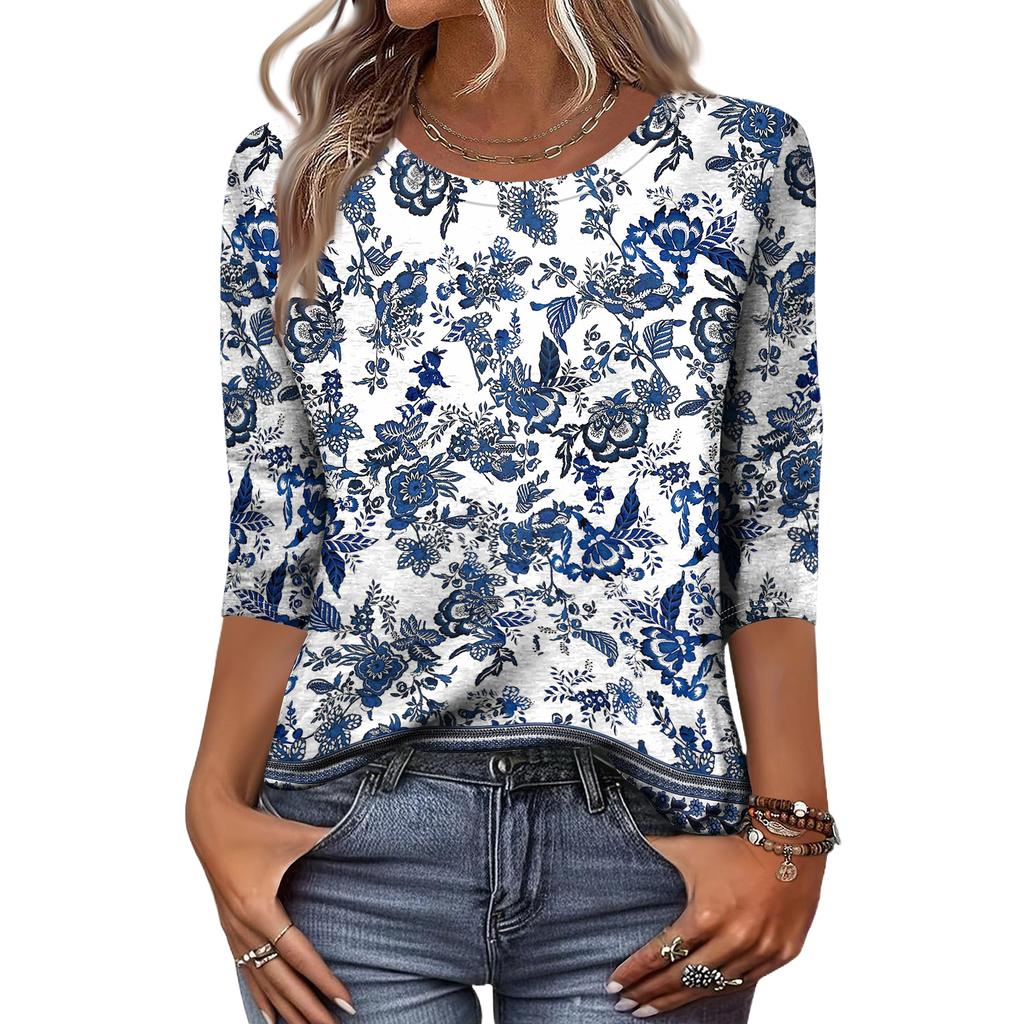 Women's Fashion Casual Round Neck 3/4 Sleeve Loose Printed T-Shirt Ladies Top