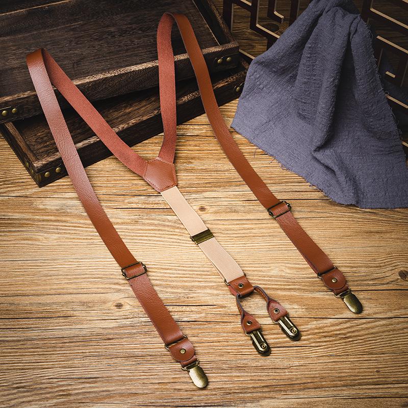 Unisex Retro Vintage Leather Suspenders with Strong Four-Clip, Non-Slip Elastic Straps