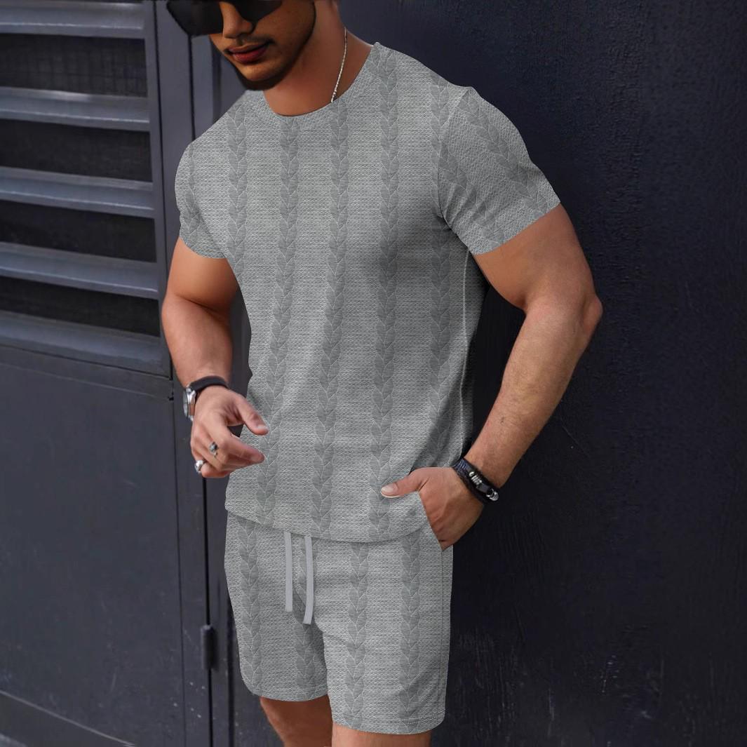 

Men s Cable Knit Solid Color Jacquard Round Neck Pullover and Shorts Set M серый