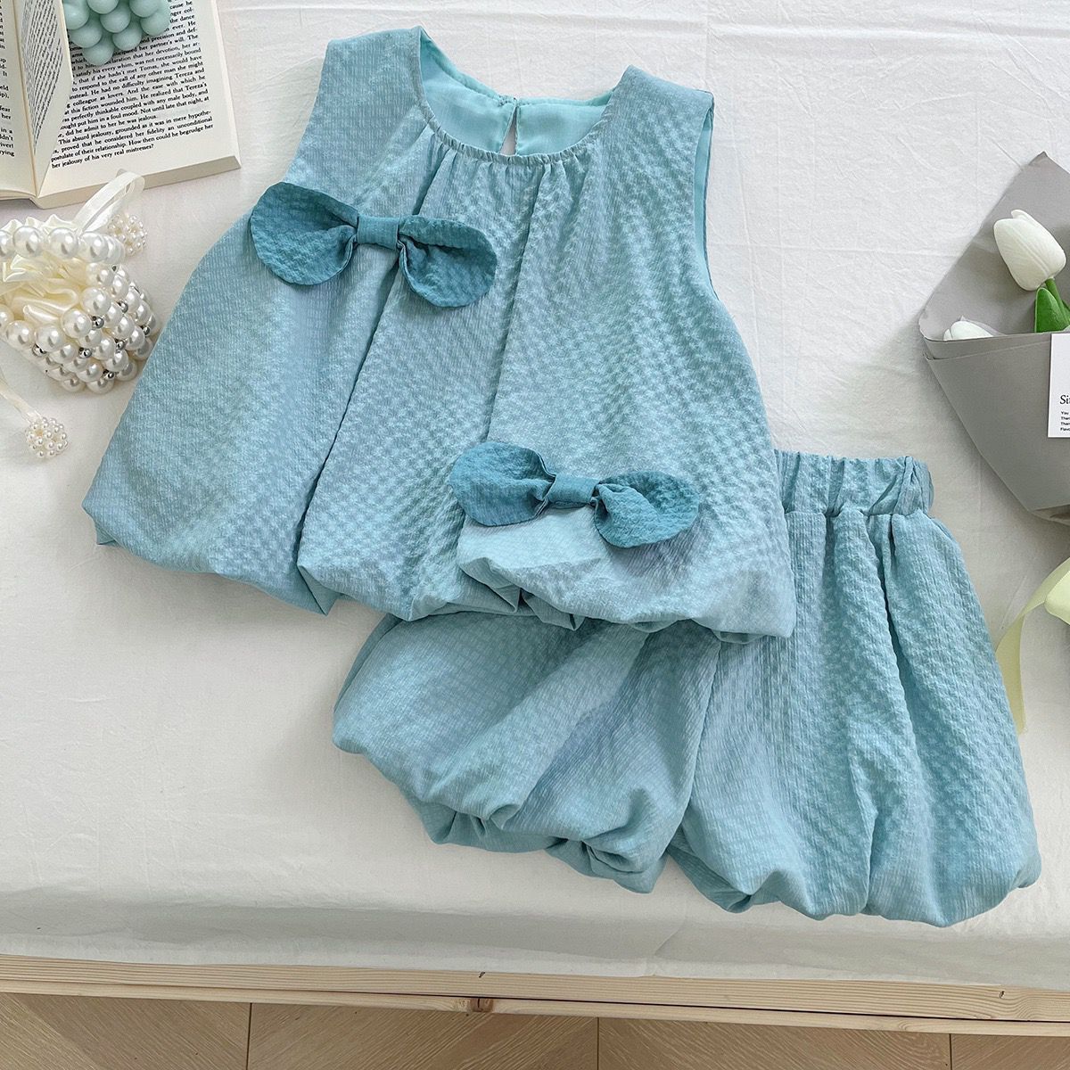 

Girls Summer Set Korean Bow Sleeveless Vest+shorts Set 150 синий