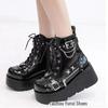 Demonia Thick-Soled Round-Toe Boots with Buckle and Lace-Up Design