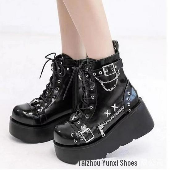 Demonia Thick-Soled Round-Toe Boots with Buckle and Lace-Up Design
