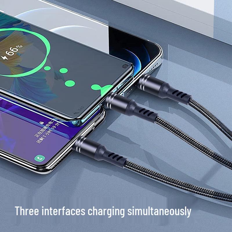 3A Fast Charging Braided Cable: One-to-Three USB, Type-C, Apple Compatible