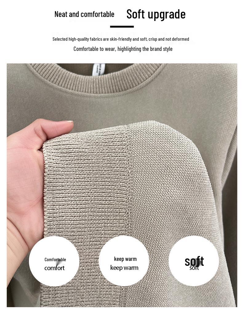 Men's Winter Warm Velvet Knit Pullover Sweater - Solid Color, Round Neck, Versatile Layer