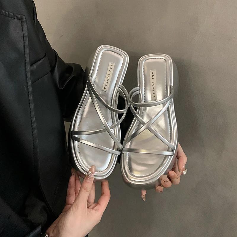 

модные летние женские тапочки на толстой подошве, модные узкие туфли на платформе с толстым каблуком, женские повседневные туфли для отдыха на открытом воздухе, пляжная обувь 35 серебряный
