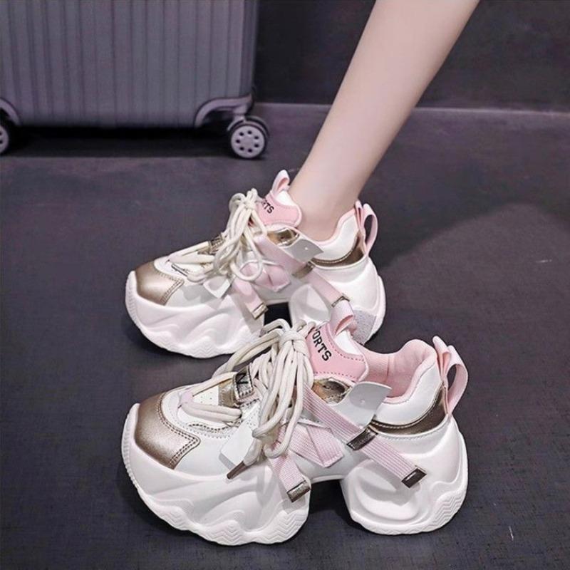 Casual chunky sneakers Women  Synthetic Leather Mixed Colors Thick Soles Lace-up Breathable Ladies Shoes for woman