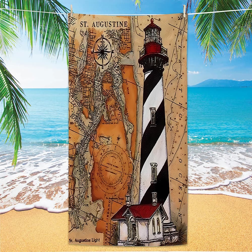 Vintage Nautical Beach Towel - Lighthouse, Compass & Pirate Ship Print, Quick Dry Microfiber for Travel & Pool