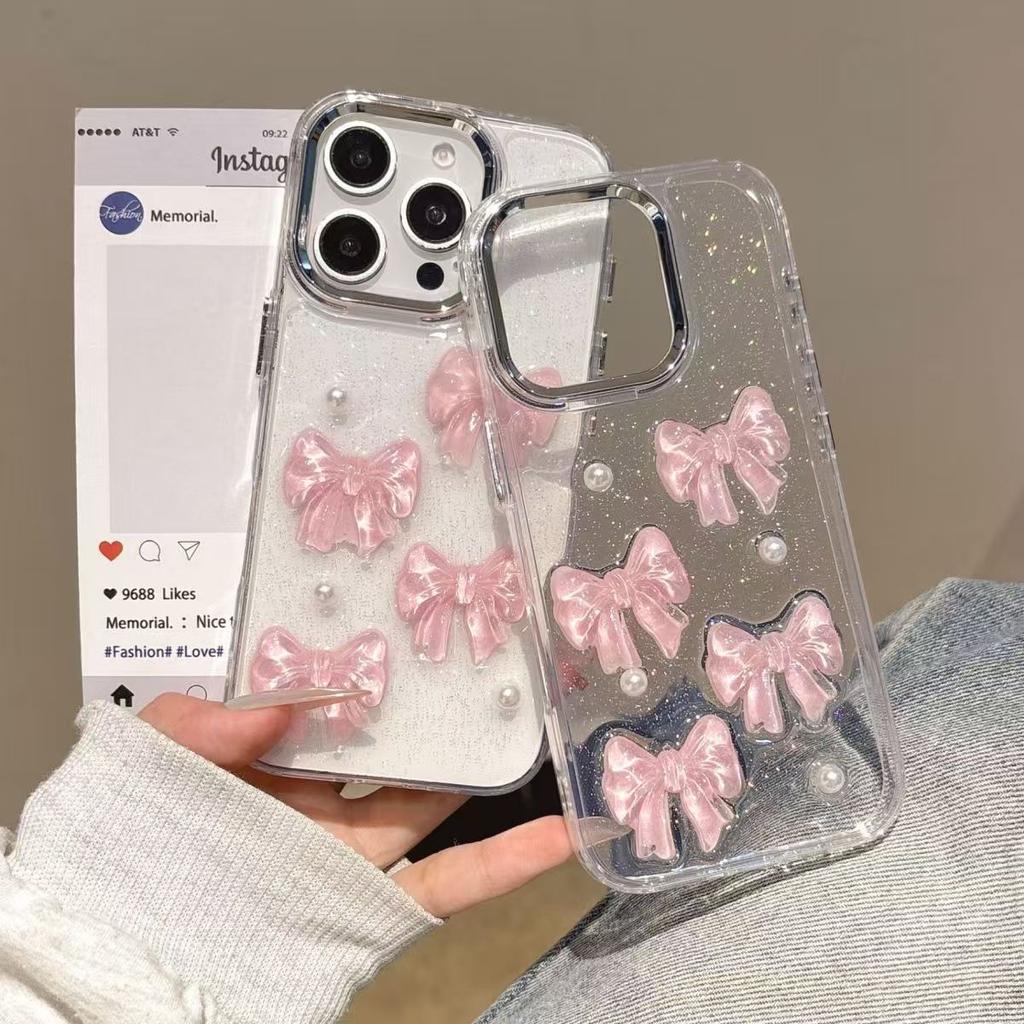 Pink Pearl Bow Is Suitable for Apple 16promax Mobile Phone Case iPhone15/14pro Anti-drop 13 Girls.