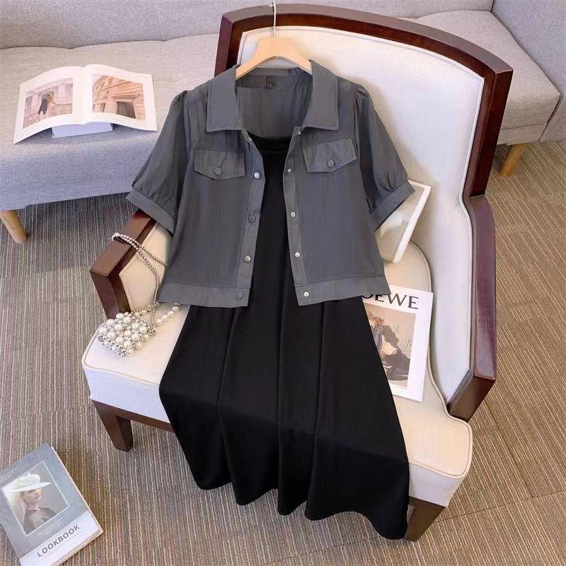 Curvy Girls' Plus Size Hong Kong Style Two-Piece Dress: Short Sleeve Cardigan & Camisole for a Slimming, Stylish Look
