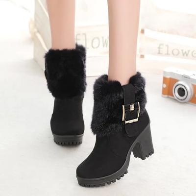 Damen Winter Schuhe mit quadratischem Absatz klassische Schnalle warmes Fell Schnee Damen Stiefel hohe Absätze schwarze Plateau Stiefeletten Damen botas 362