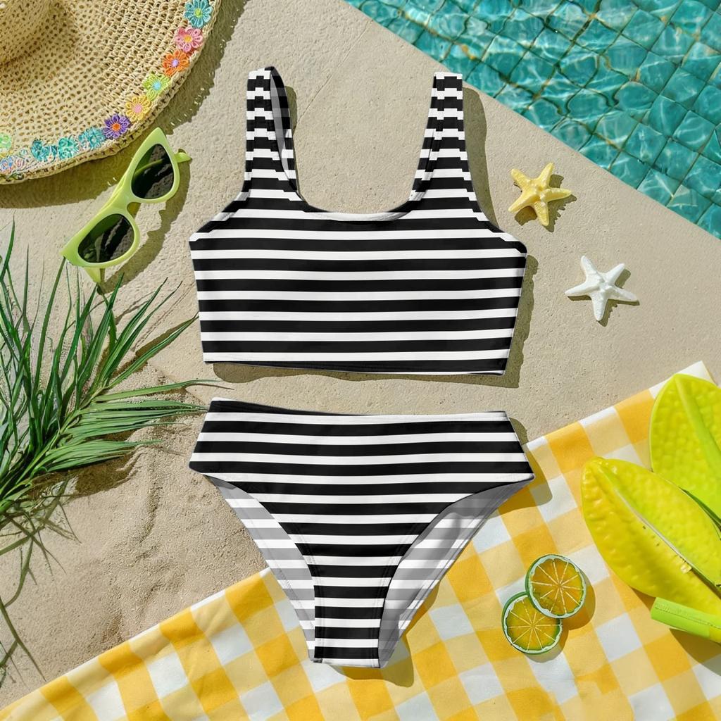 Dívčí dvoudílný plavkový set Bikini Letní ležérní tílko a kalhotky Pruhovaný potisk Plavky pro děti na pláž a k bazénu