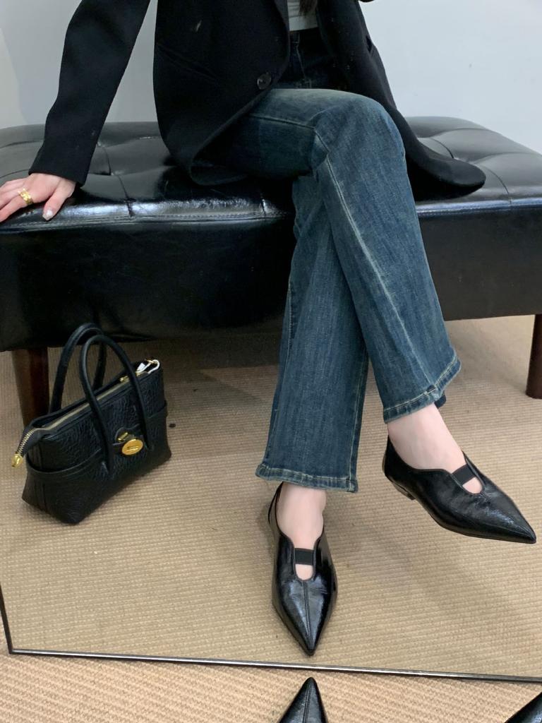 2025 Summer New Pointed Soft Sole One Word with Shallow Mouth Thick Low Heel Versatile Women's Flat Shoes