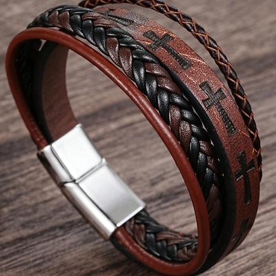 1pc Vintage Hip-Hop Leather Cross Bracelet, Versatile for Men, Suitable for Daily Wear, Birthday, Christmas, Thanksgiving, New Year Gifts