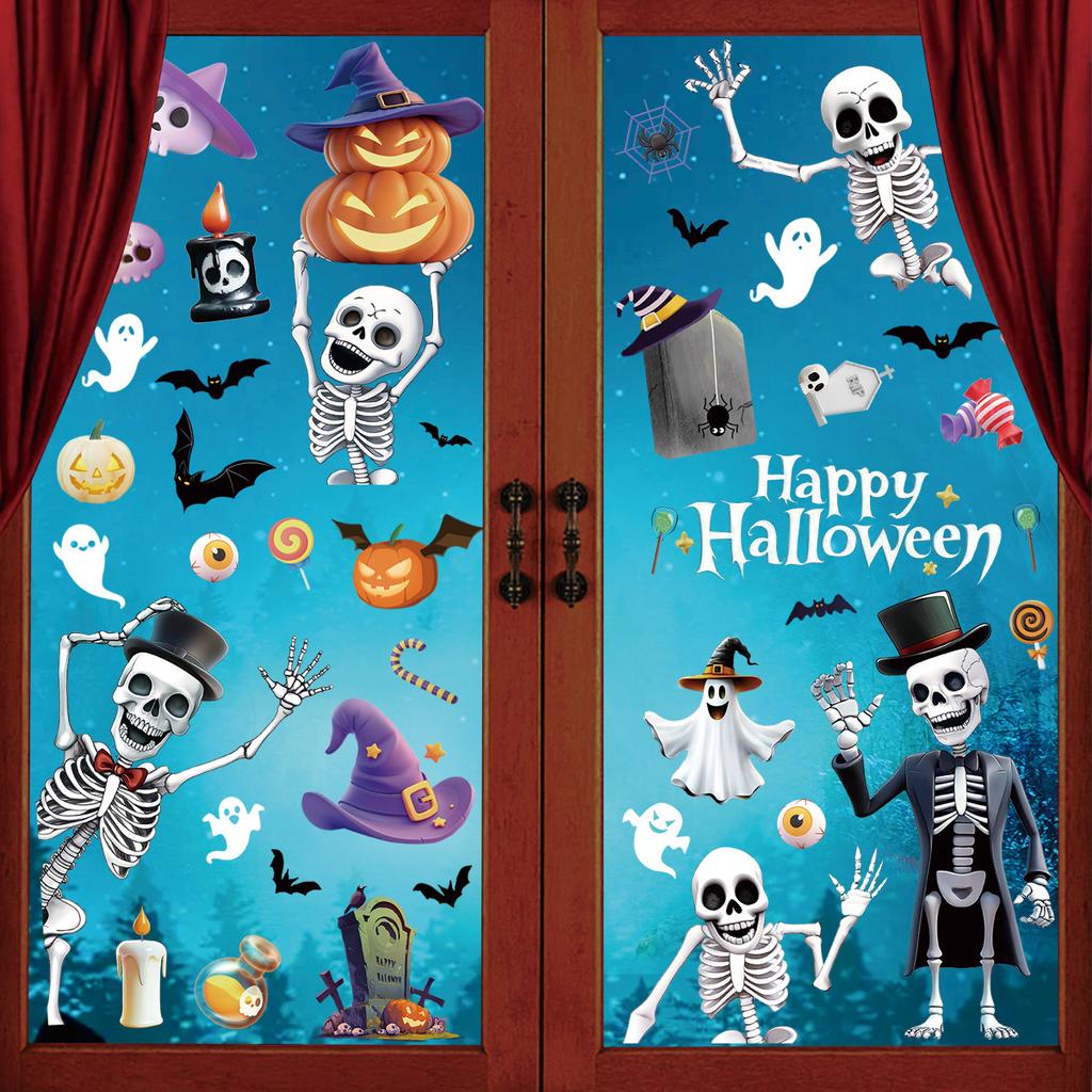 Halloweenská statická okenní dekorace 3D Kostlivec Netopýr Dýně Samolepky na okna Party potřeby