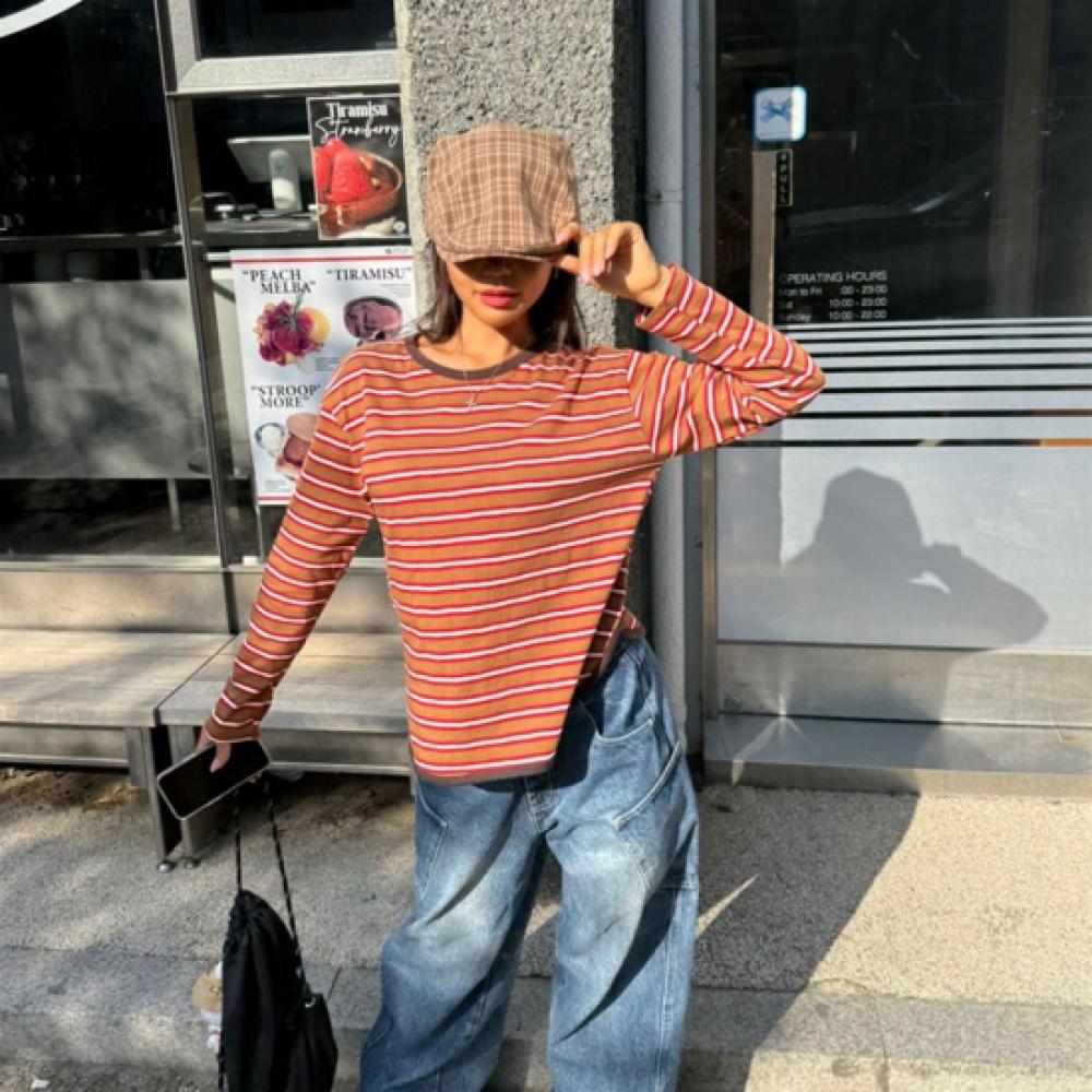 New Arrivals Open Run Women AsymmeTrical STriped Long Sleeve T shirT Fall