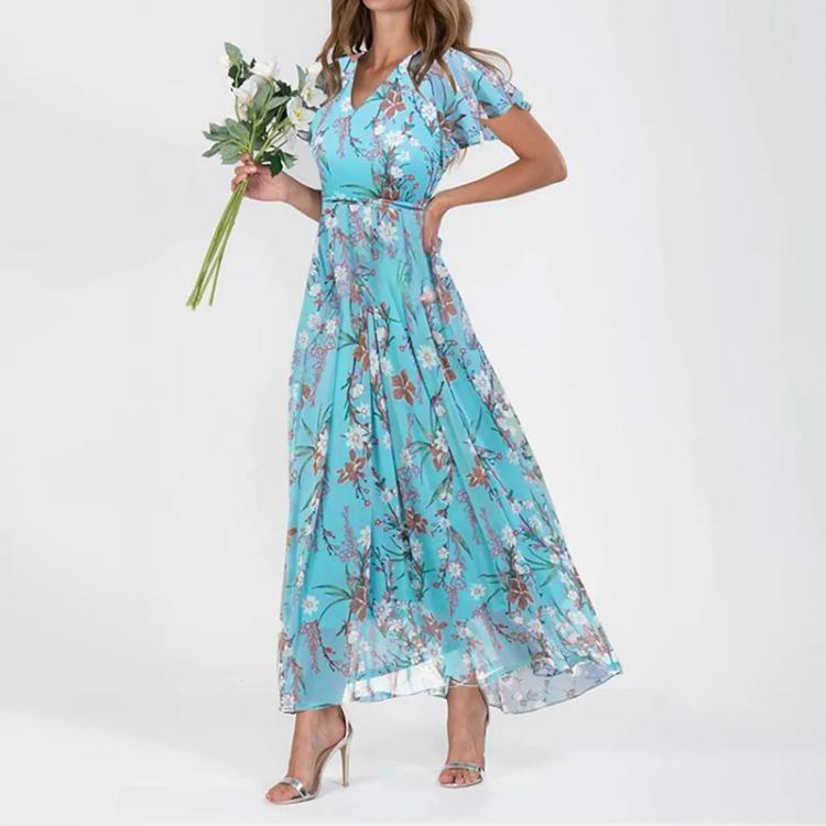 Dame Blomstret Chiffon Swingkjole Lang Kappe V-hals Kort Erme Midje Flytende Sommerkjole Mote